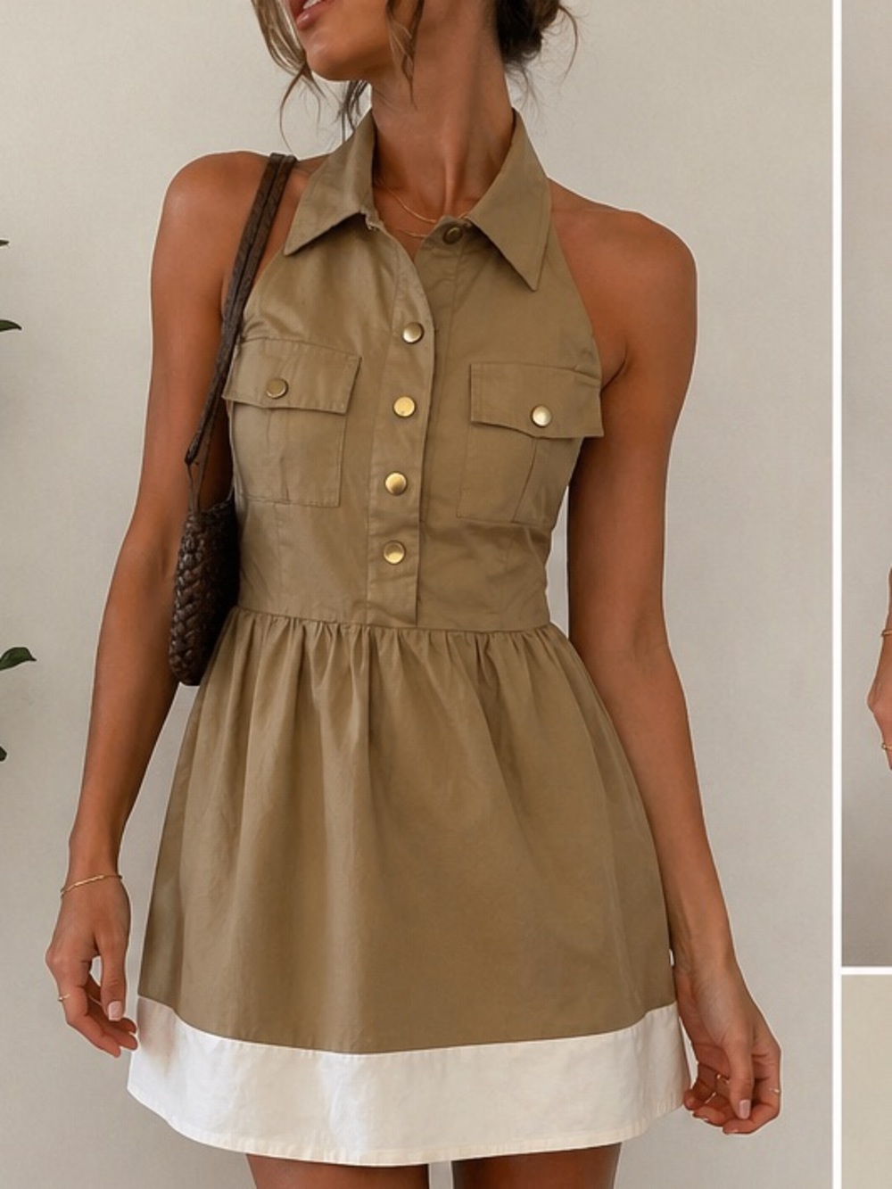 Alyn Paige Halter Tan Khaki Button Front Collared A-Line Mini Dress Women’s
